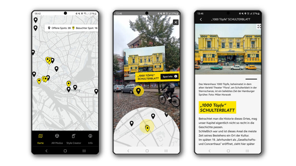 Screenshots der App von EINE STADT WIRD BUNT.